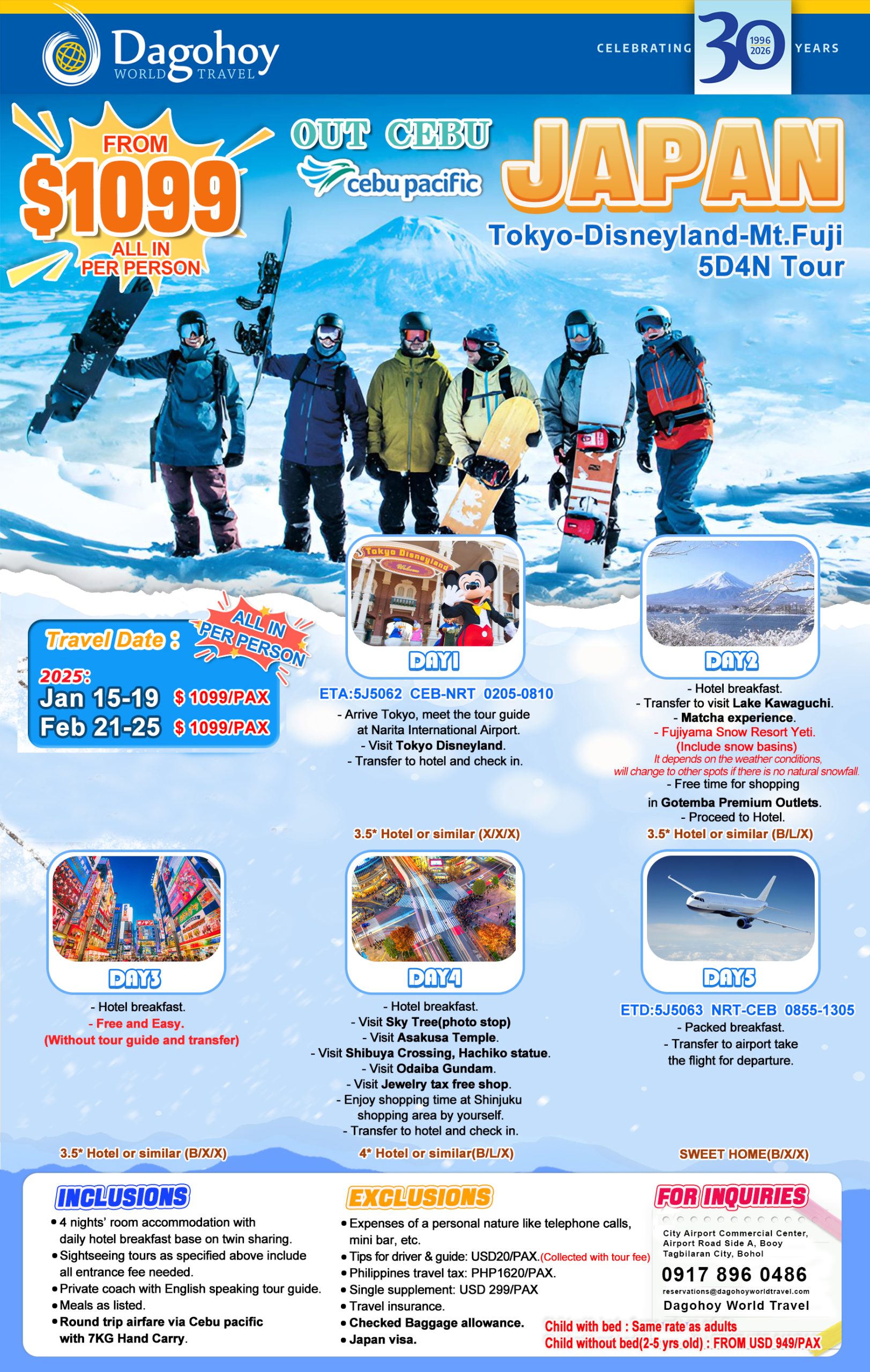 (3) Out Cebu, DEC-FEB Tokyo-Disneyland-Mt.Fuji 5D4N Tour