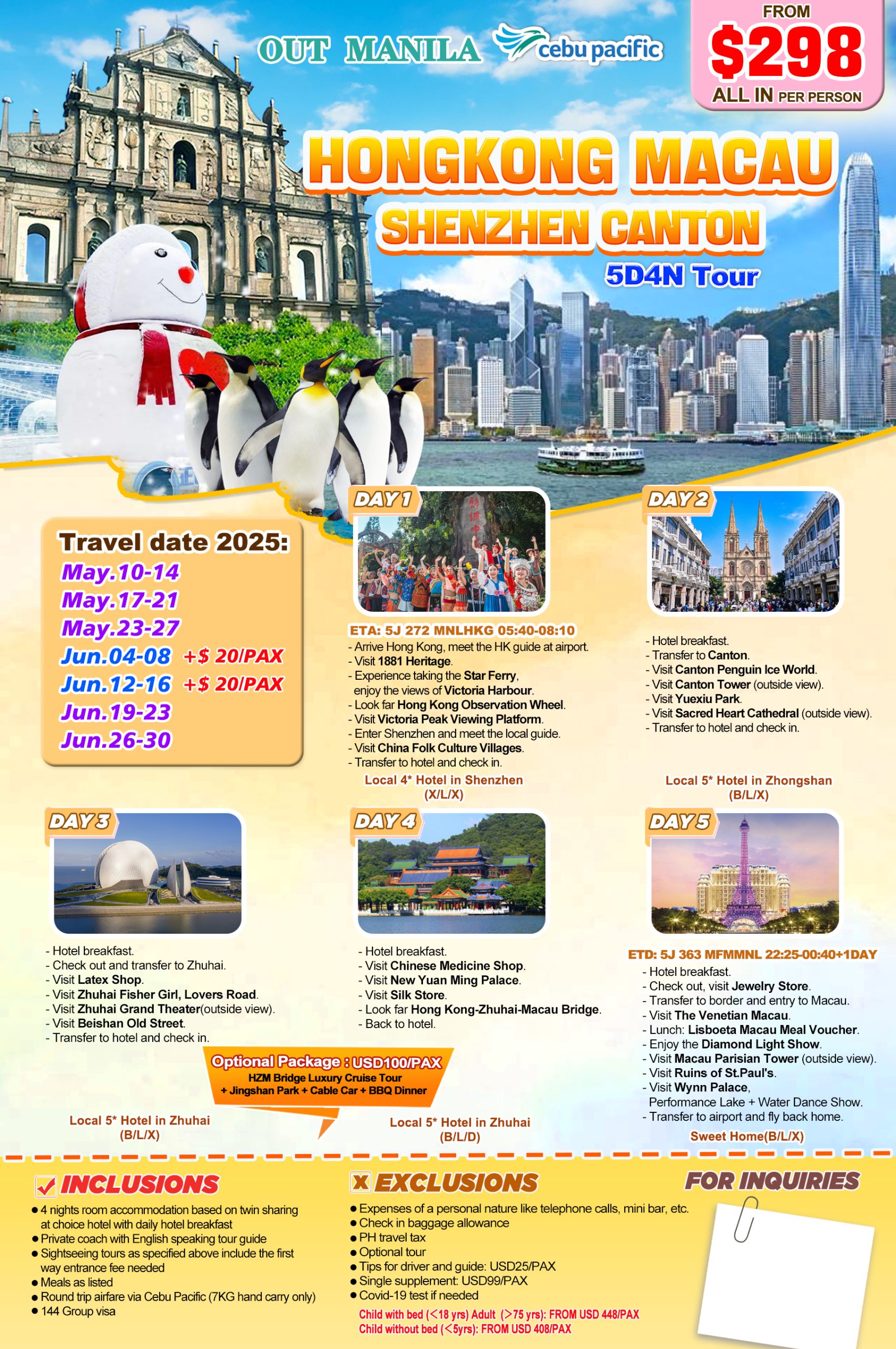 HongKong-Shenzhen-Canton-Macau 5D4N Tour, May&Jun 2025