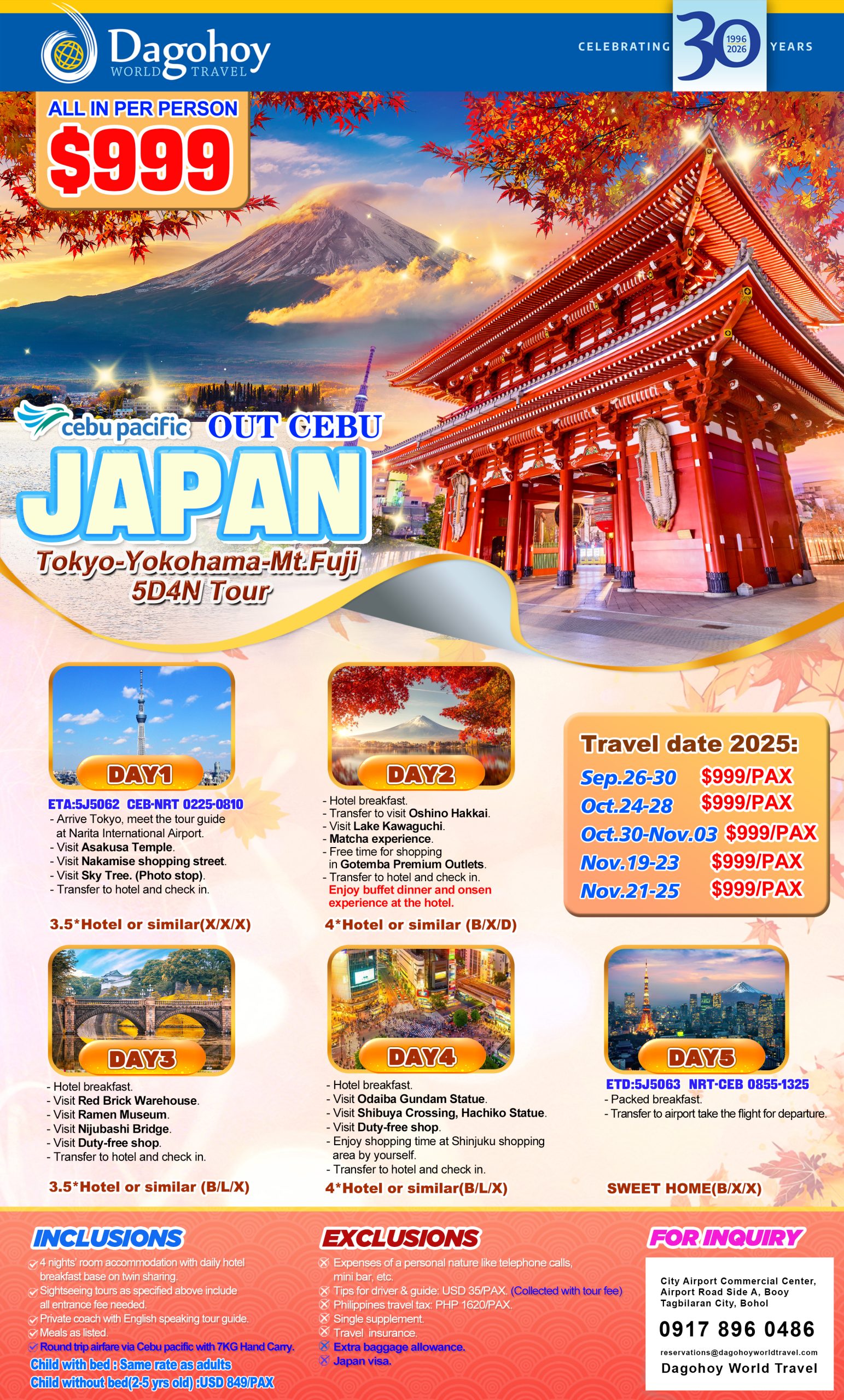 Out Cebu,Tokyo-Yokohama-Mt.Fuji 5D4N Tour(Sep-Nov)